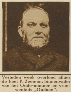870528 Portret van P. Zeeman, binnenvader van het Oude-Mannen- en Vrouwenhuis (Oudegracht 99) te Utrecht, die overleden is.